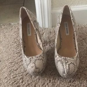 Snakeskin almond toe stilettos